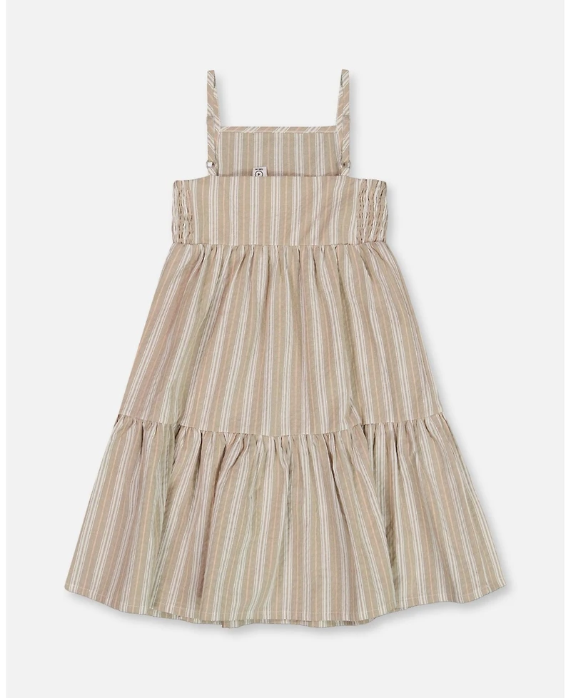 Deux par Deux Toddler Girls Sleeveless Linen Dress White And Sage Striped - Toddler|Child