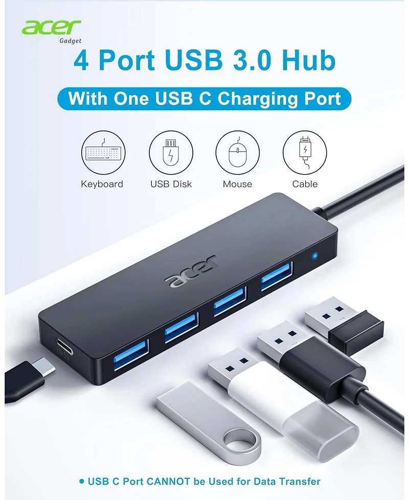 acer Usb Hub, 4 Ports Multiple Usb 3.0 Hub, Usb Data Hub for Laptop with Usb C Power Port, Usb Extender for A Port Laptop, Windows, Linux, acer Pc, an