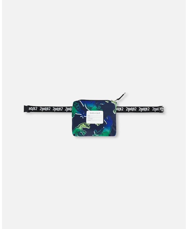 Deux par Boy Printed Packable Windbreaker Blue And Green Dino On Navy - Toddler|Child