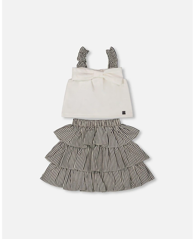 Deux par Deux Toddler Girls Bow Top And Ruffled Skirt Set White And Black Striped - Toddler|Child