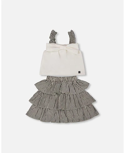 Deux par Deux Toddler Girls Bow Top And Ruffled Skirt Set White And Black Striped - Toddler|Child