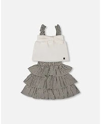 Deux par Deux Toddler Girls Bow Top And Ruffled Skirt Set White And Black Striped - Toddler|Child