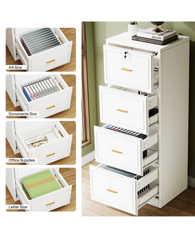 Tribesigns 4-Drawer File Cabinet, Vertical Filing Cabinet with Lock, Wood Storage Cabinet for Home Office,Locable File Cabinet for A4/F4/Letter/Legal