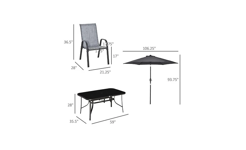 Outdoor Dining Table and Chair Set with Umbrella Complete Patio Furniture Set for 4-6 People