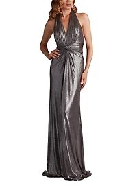 Tadashi Shoji Women's Mona Pleated Metallic Halter Gown