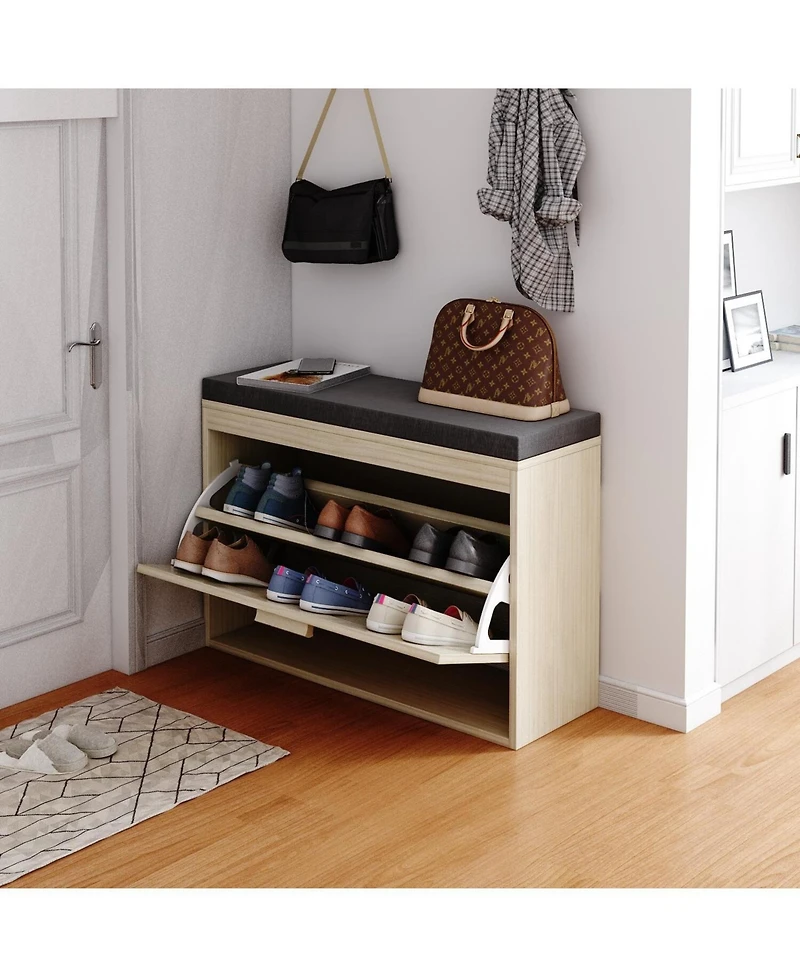 Flip-Drawer Shoe Storage Bench – Rattan Front Cabinet with Cushioned Seat for Entryway or Hallway