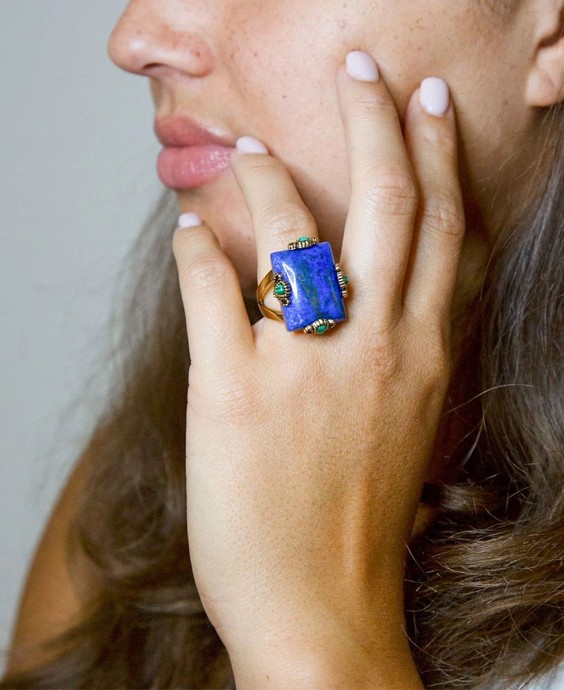 Barse Prismatic Blue Lapis and Malachite Golden Square Ring
