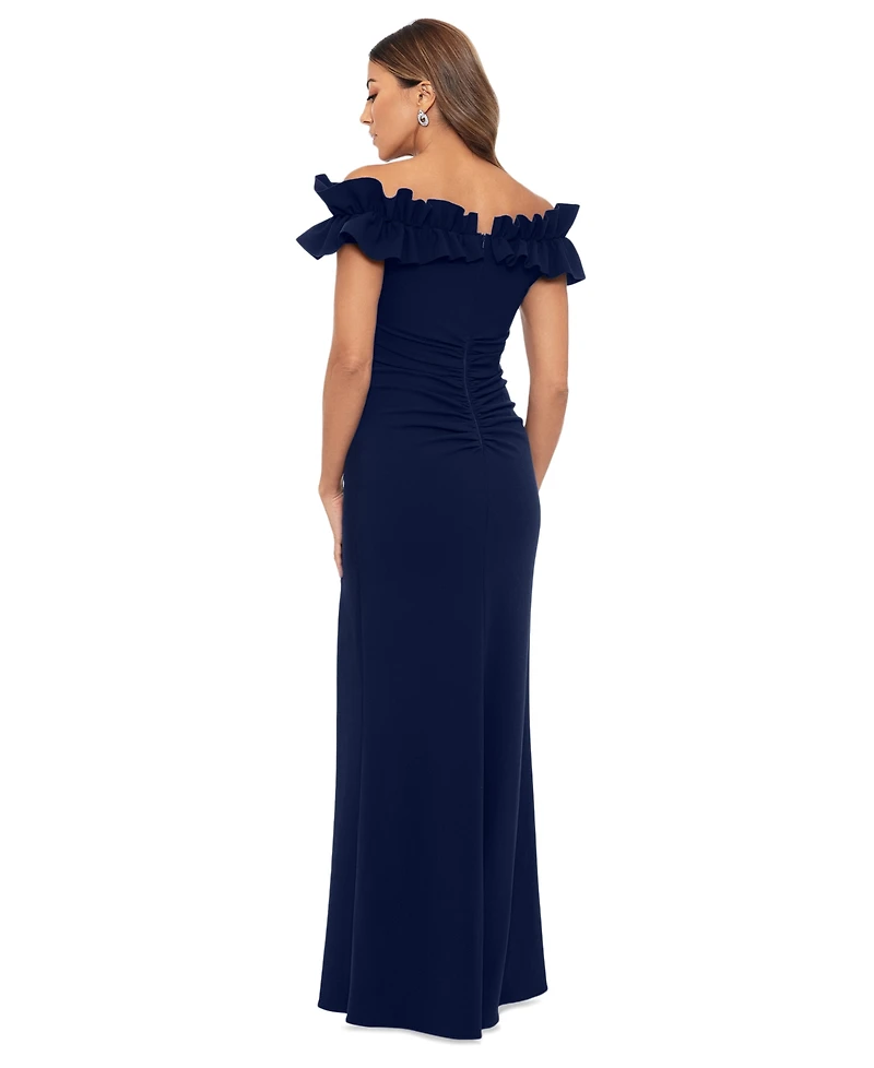 Xscape Women's Ruffled Off-The-Shoulder Side-Slit Gown