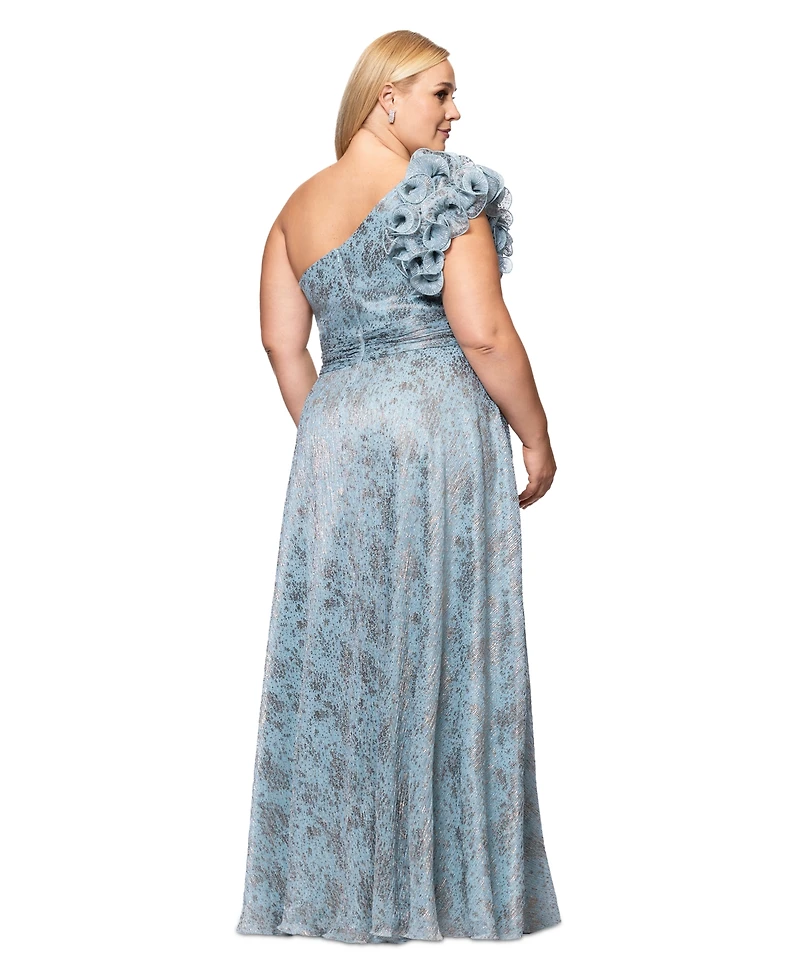 Xscape Plus Micro-Pleat One-Shoulder Gown