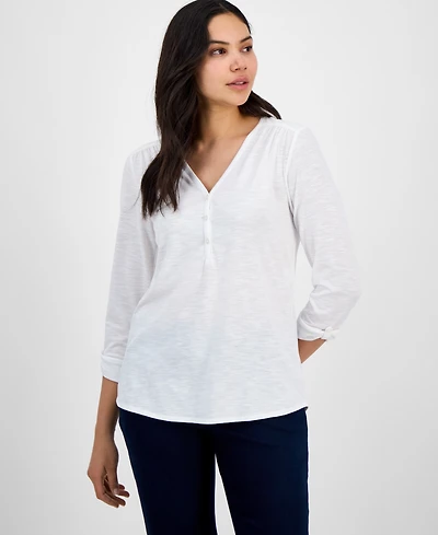 Kasper Women's Draped Cuffed-Sleeve Henley-Neck Top