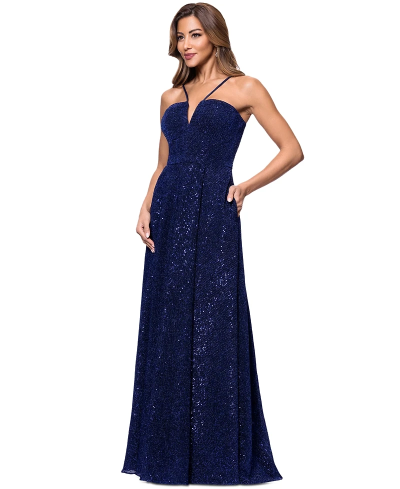 Xscape Women's Sequined Plunge-Neck Sleeveless Gown
