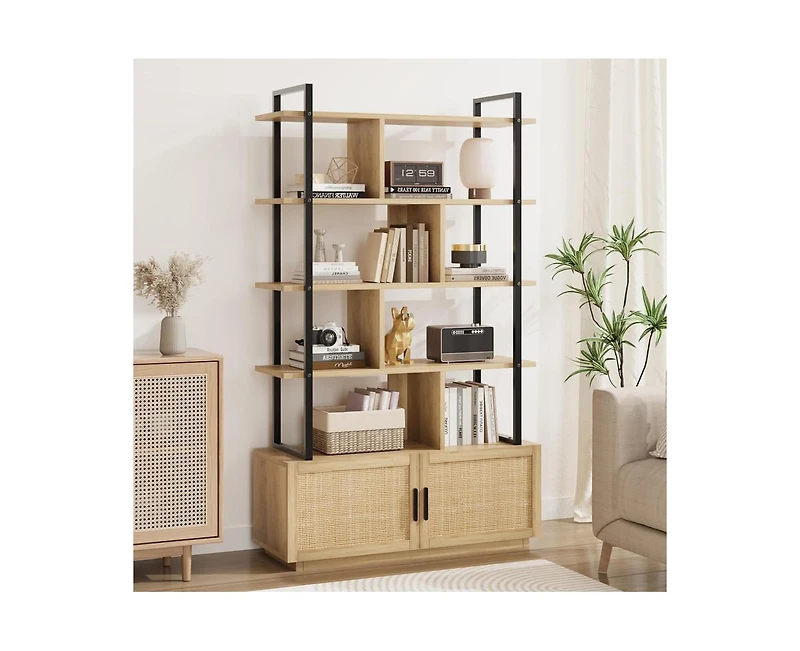 5 Tier Rattan Bookshelf with Storage Cabinet & Door, 71.1 Inch Tall Industrial Book Shelf with Open Display Shelves, 5 Shelf Bookcase with Metal Frame