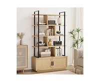 5 Tier Rattan Bookshelf with Storage Cabinet & Door, 71.1 Inch Tall Industrial Book Shelf with Open Display Shelves, 5 Shelf Bookcase with Metal Frame