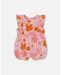 Deux par Deux Baby Girls Printed Muslin Romper Pink And Coral Flowers