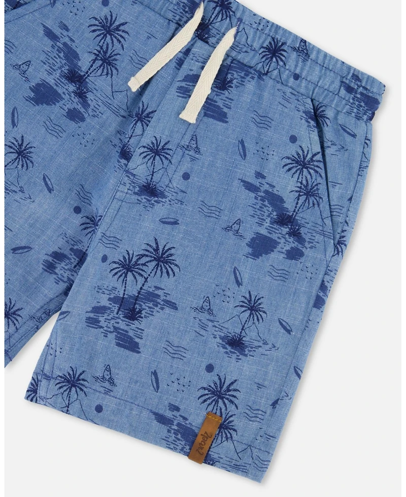 Deux par Deux Toddler Boys Printed Chambray Short Pale Blue And Navy - Toddler|Child