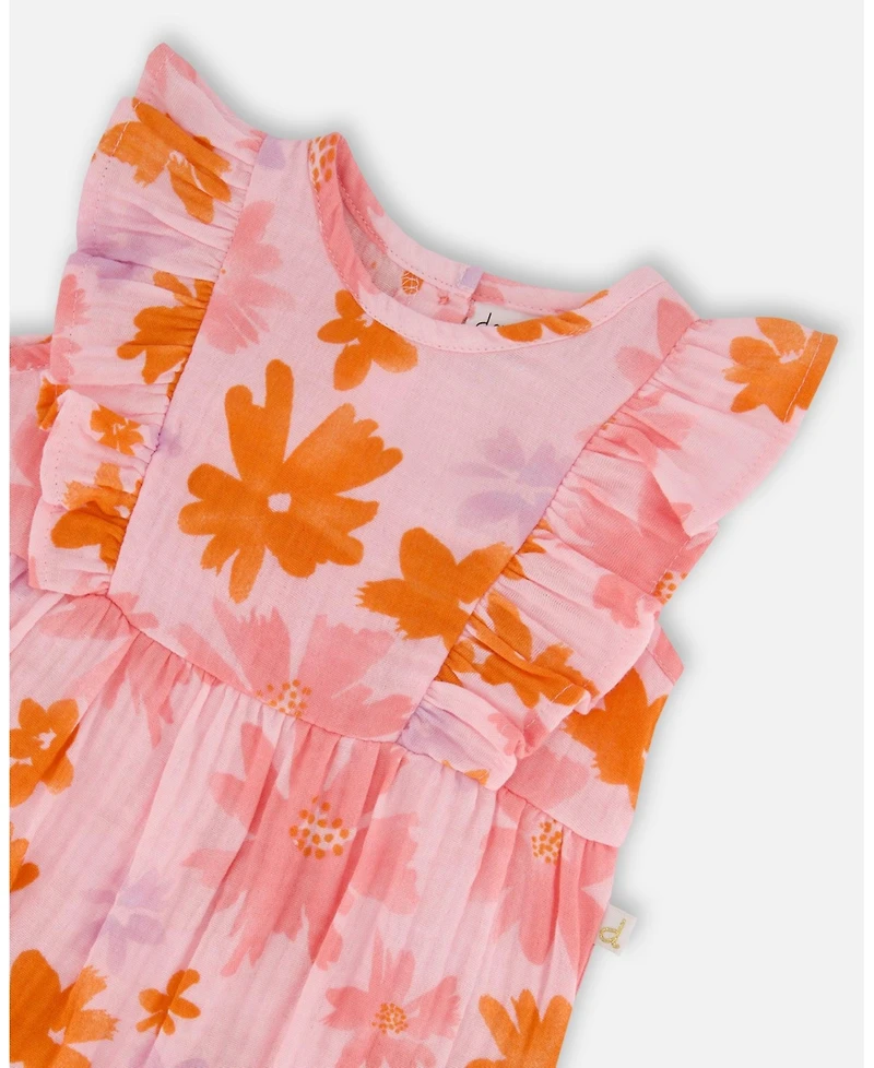 Deux par Deux Baby Girls Printed Muslin Romper Pink And Coral Flowers
