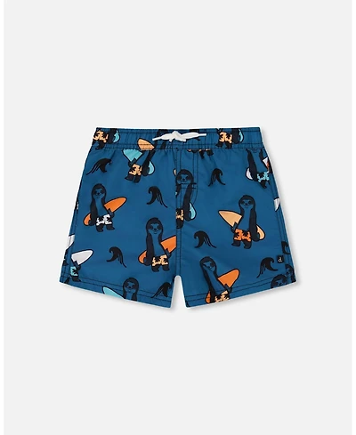 Deux par Deux Boys Printed Swim Trunks Orange Sloths On Navy Blue