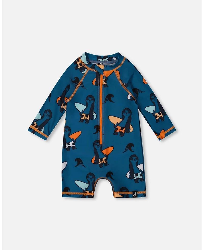 Deux par Deux Baby Boys Printed Long Sleeve One-Piece Rashguard Orange Sloths On Navy Blue