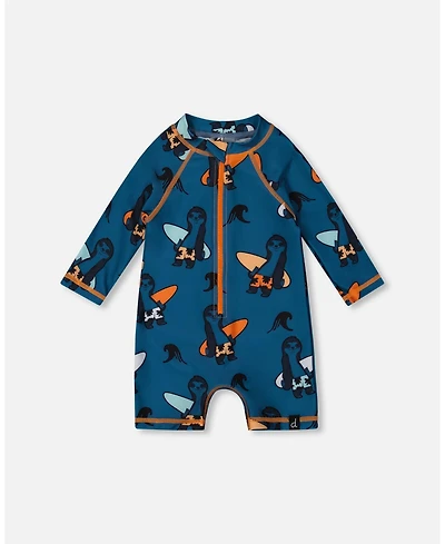 Deux par Deux Baby Boys Printed Long Sleeve One-Piece Rashguard Orange Sloths On Navy Blue