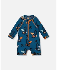 Deux par Deux Baby Boys Printed Long Sleeve One-Piece Rashguard Orange Sloths On Navy Blue