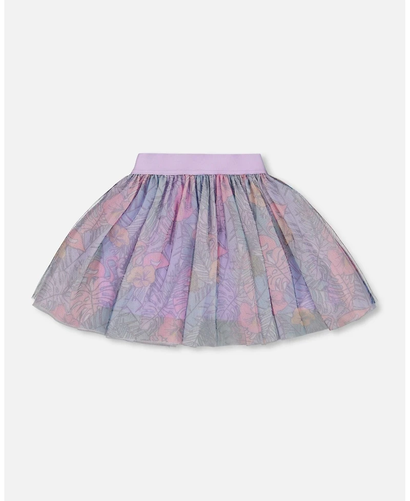 Deux par Deux Toddler Girls Printed Mesh Skirt Lilac Tropical And Pink Flamingos - Toddler|Child