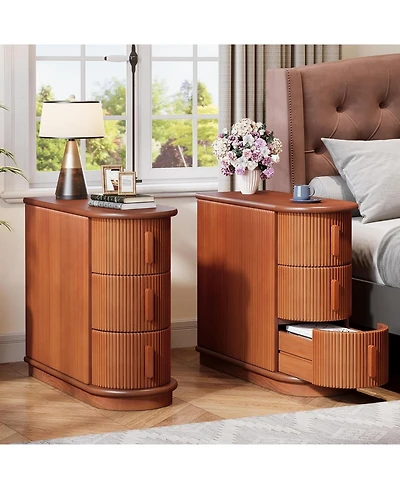 Tribesigns Set of 2 Solid Wood End Table, No Assembly Required, 3-Drawer Modern Sofa Side Table, Narrow Chair Side Table, Slim Nightstand for Living R