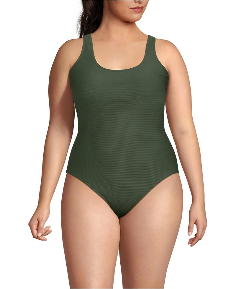 Lands' End Plus Tugless Ribbed X-Back One Piece Swimsuit