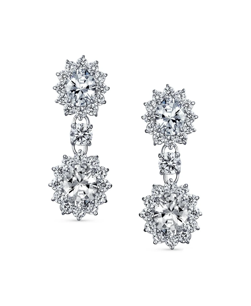 Bling Jewelry Crown Halo Pave Cubic Zirconia Cz Drop Dangling Oval Chandelier Clip On Earrings Statement Non-Pierced