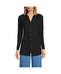 Lands' End Women's Long Sleeve Polished Rib Button Through Tunic Shirt