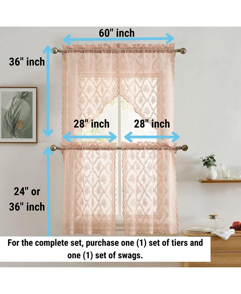Hlc.me Isabella Floral Rod Pocket Lace Semi Sheer Voile Short Cafe Tiers for Small Windows - 28 x 36 Inch Length (Blush Pink Tiers, Set of 2)