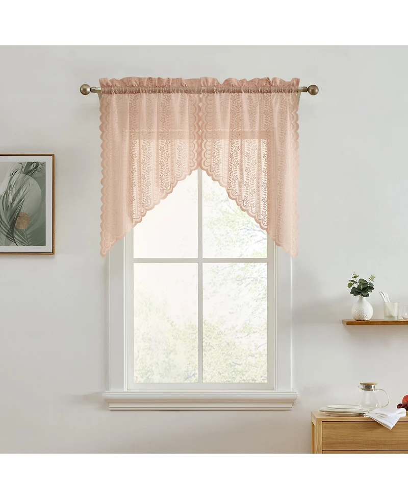 Hlc.me Sophia Floral Rod Pocket Lace Short Cafe Swags for Small Windows - 28 x 36 Inch Length (Blush Pink Swags, Set of 2)