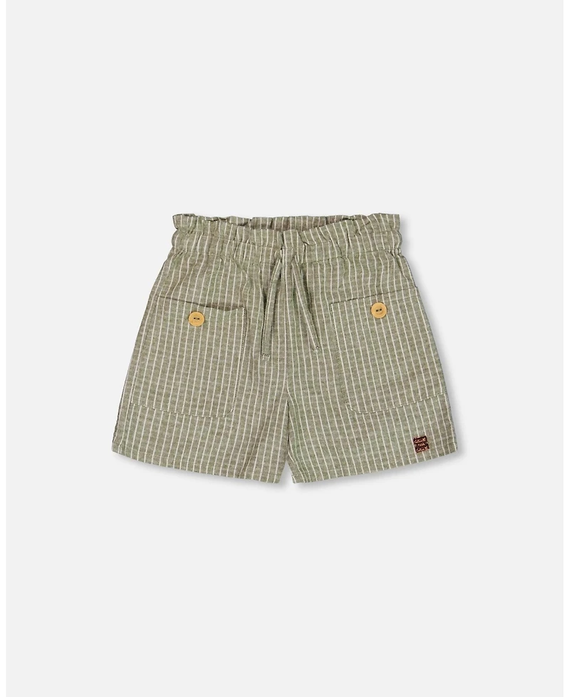 Deux par Deux Big Girls Linen Short With Pockets Medium Green And Cream Striped