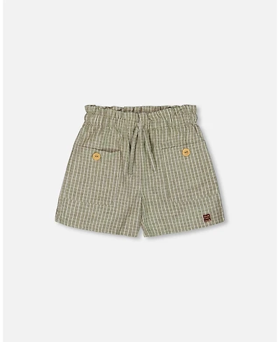 Deux par Deux Big Girls Linen Short With Pockets Medium Green And Cream Striped