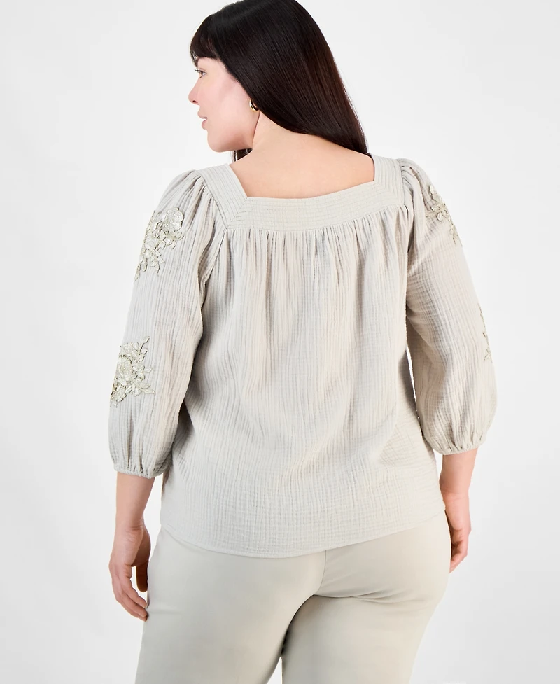 Jm Collection Plus Cotton Square-Neck Floral-Applique Top, Exclusively at Macy's