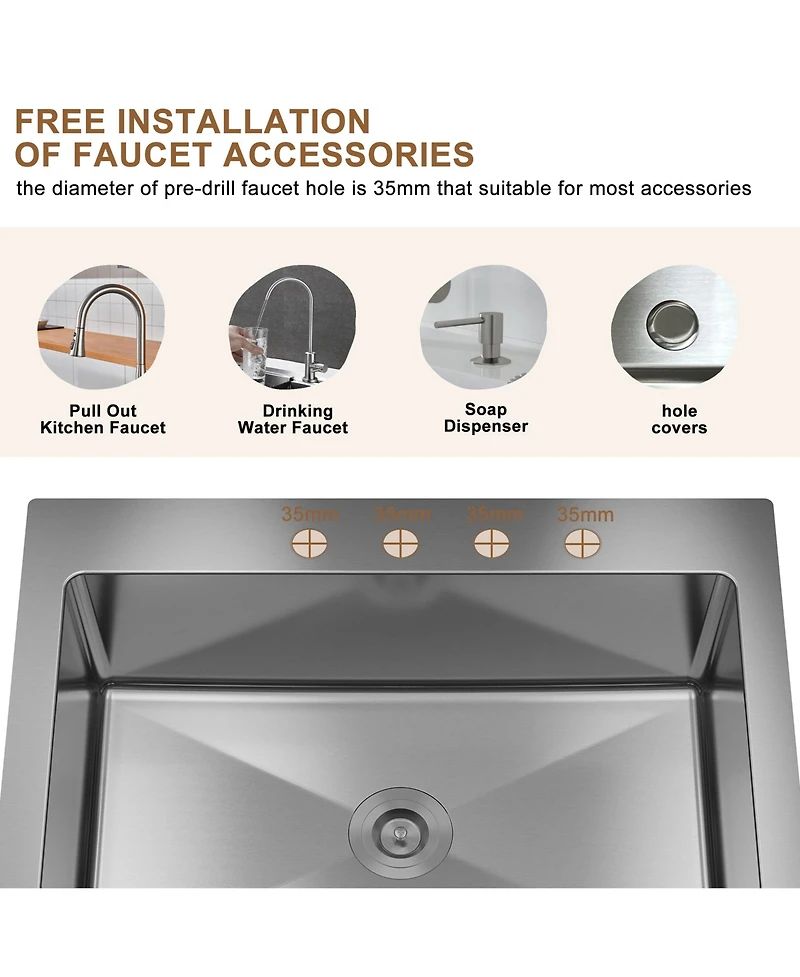 Casainc 33" L x 22" W Single Bowl Stainless Steel Topmount Kitchen Sink with Accessories