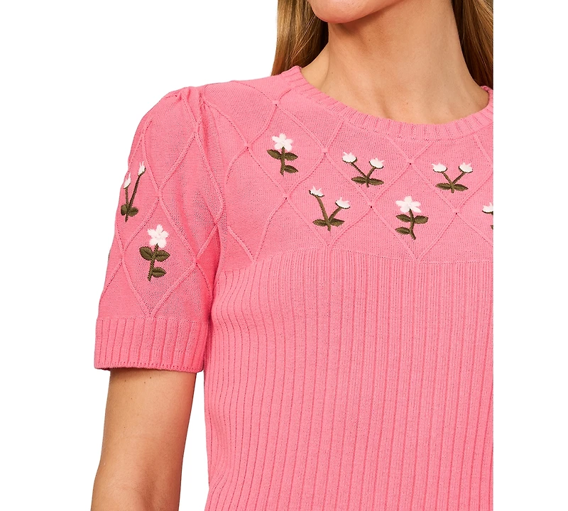 CeCe Women's Crewneck Flower Embroidered Short Sleeve Cotton Sweater