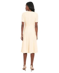 London Times Petite Crewneck Button-Tab Short-Sleeve Midi Dress