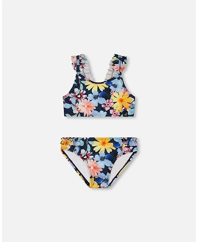Deux par Deux Girl Printed Two-Piece Swimsuit Navy And Yellow And Pink Flowers - Toddler|Child