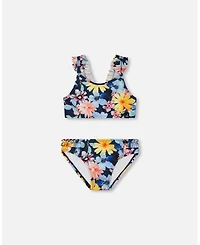 Deux par Deux Girl Printed Two-Piece Swimsuit Navy And Yellow And Pink Flowers - Toddler|Child