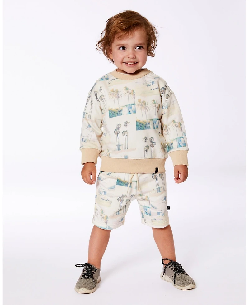 Deux par Deux Baby Boys Printed French Terry Short Beige Palm Tree And Teal