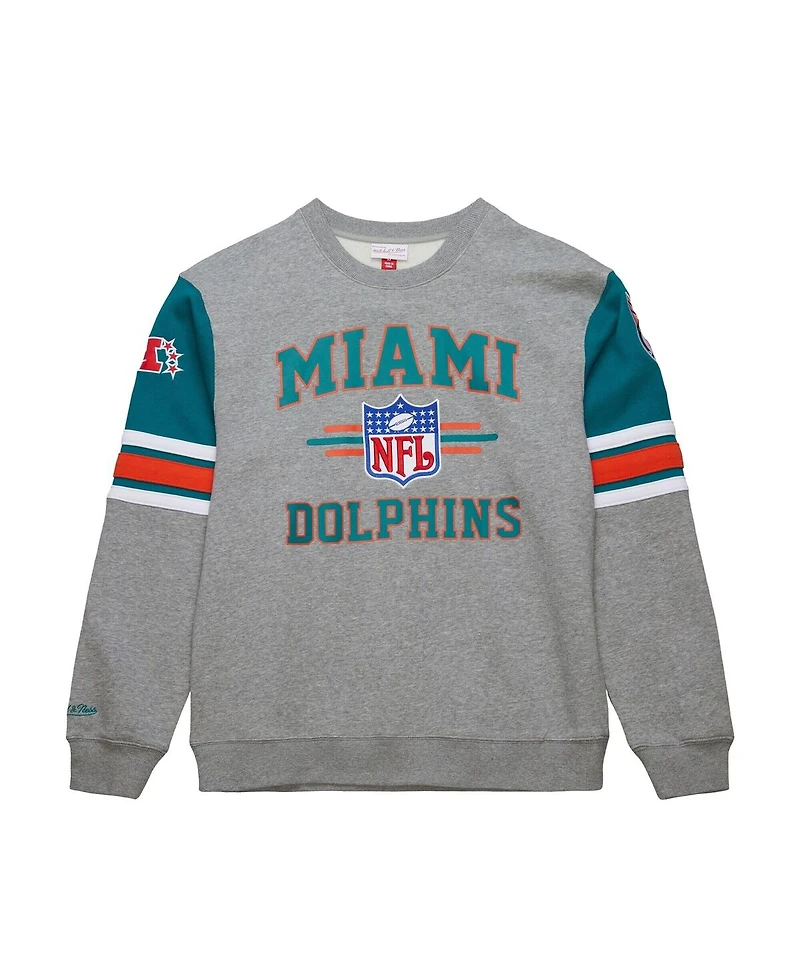 Mitchell & Ness Men's Heather Gray Miami Dolphins All Over 4.0 Vintage Logo Pullover Sweatshirt