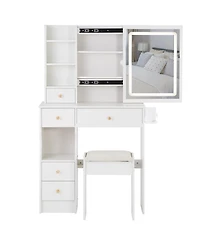 50.40"Small Size Left Drawer Desktop Vanity Table + Cushioned Stool, 2 Ac+2 Usb Power Station, Hair dryer bracket,White