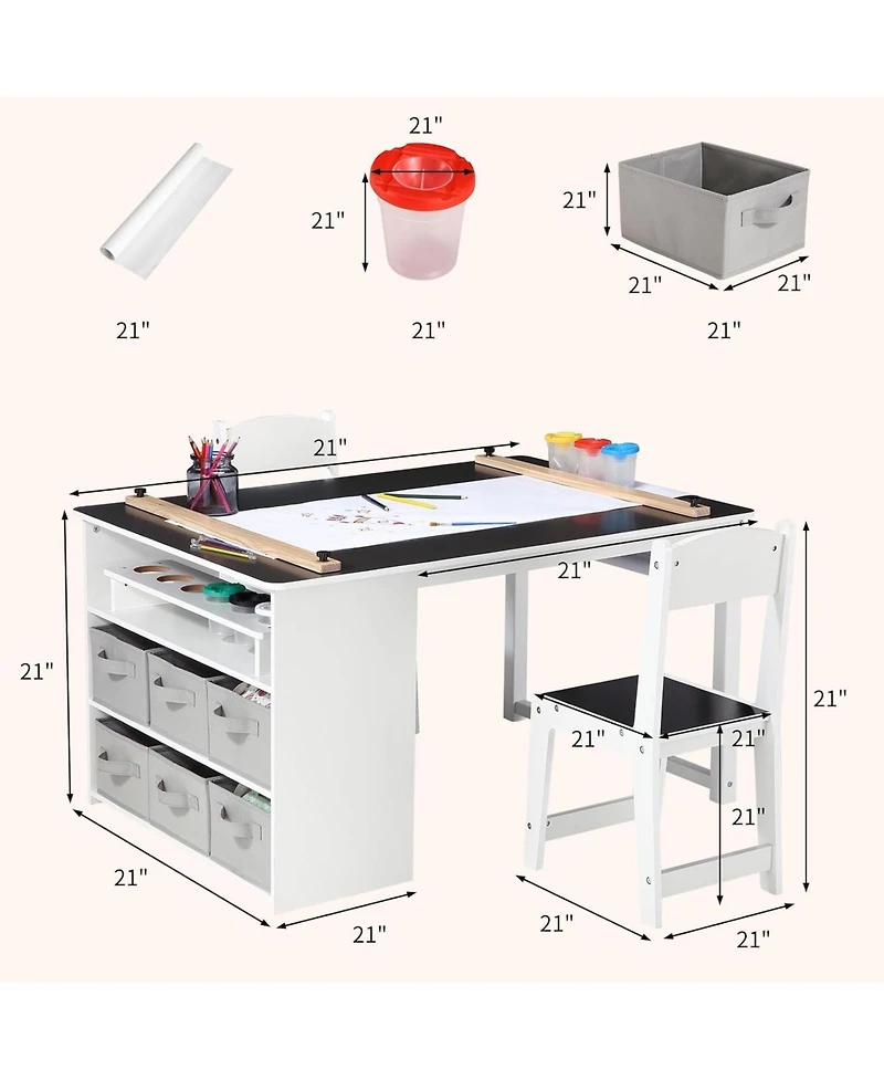Kids Art Table and 2 Chairs,Toddler Craft and Play Wood Activity Table with Storage Bins, Drawing Desk, Kids Activity Table and Study Table, Activity