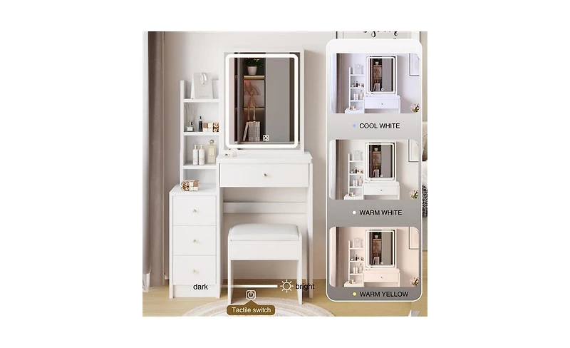Small Left Bedside Vanity Table with Led Mirror and Cushioned Stool – Compact Makeup Station for Bedroom