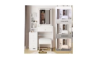 Small Left Bedside Vanity Table with Led Mirror and Cushioned Stool – Compact Makeup Station for Bedroom