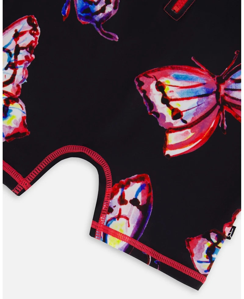 Deux par Deux Girls Printed Long Sleeve One-Piece Rashguard Black And Multicolored Butterflies