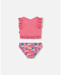 Deux par Girl Printed Two-Piece Swimsuit With Frills Candy Pink And Flamingo - Toddler|Child