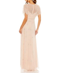 Mac Duggal Women's V-Neck Embellished Flutter Sleeve A Line Gown