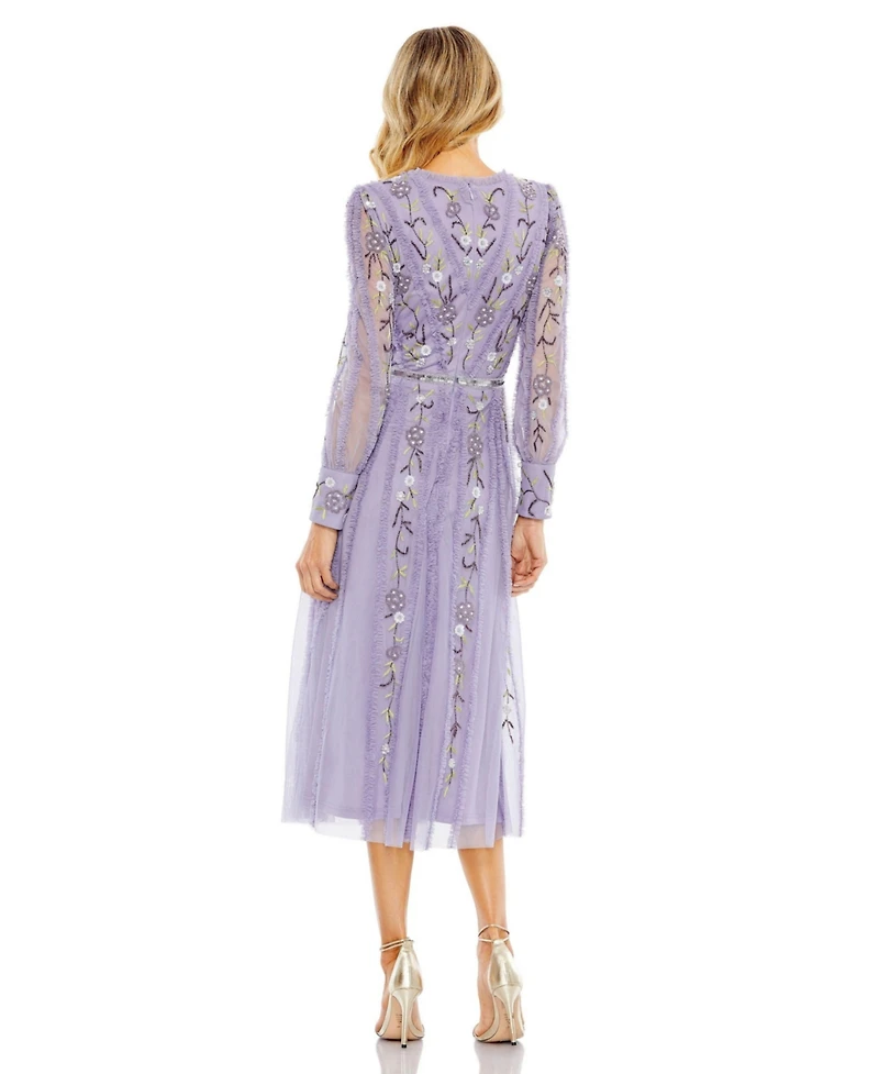Mac Duggal Women's Long Sleeve Embroidered Wrap Midi Dress