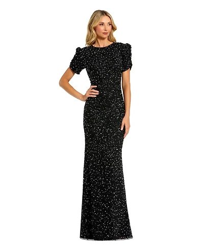 Mac Duggal Women's Gathered Short Sleeve Beaded Gown
